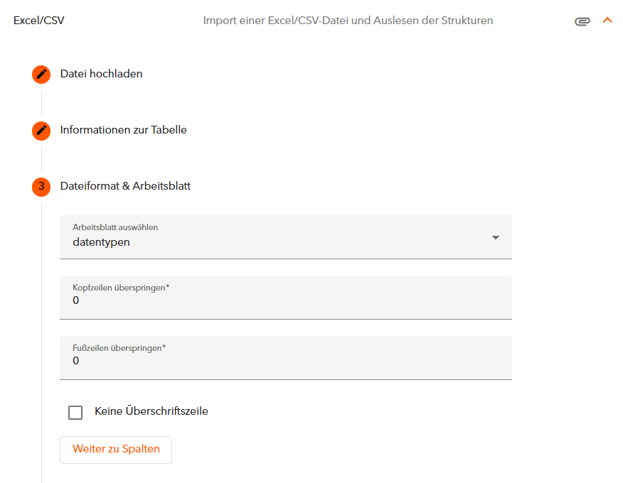 Dateiformat und Arbeitsblatt angeben
